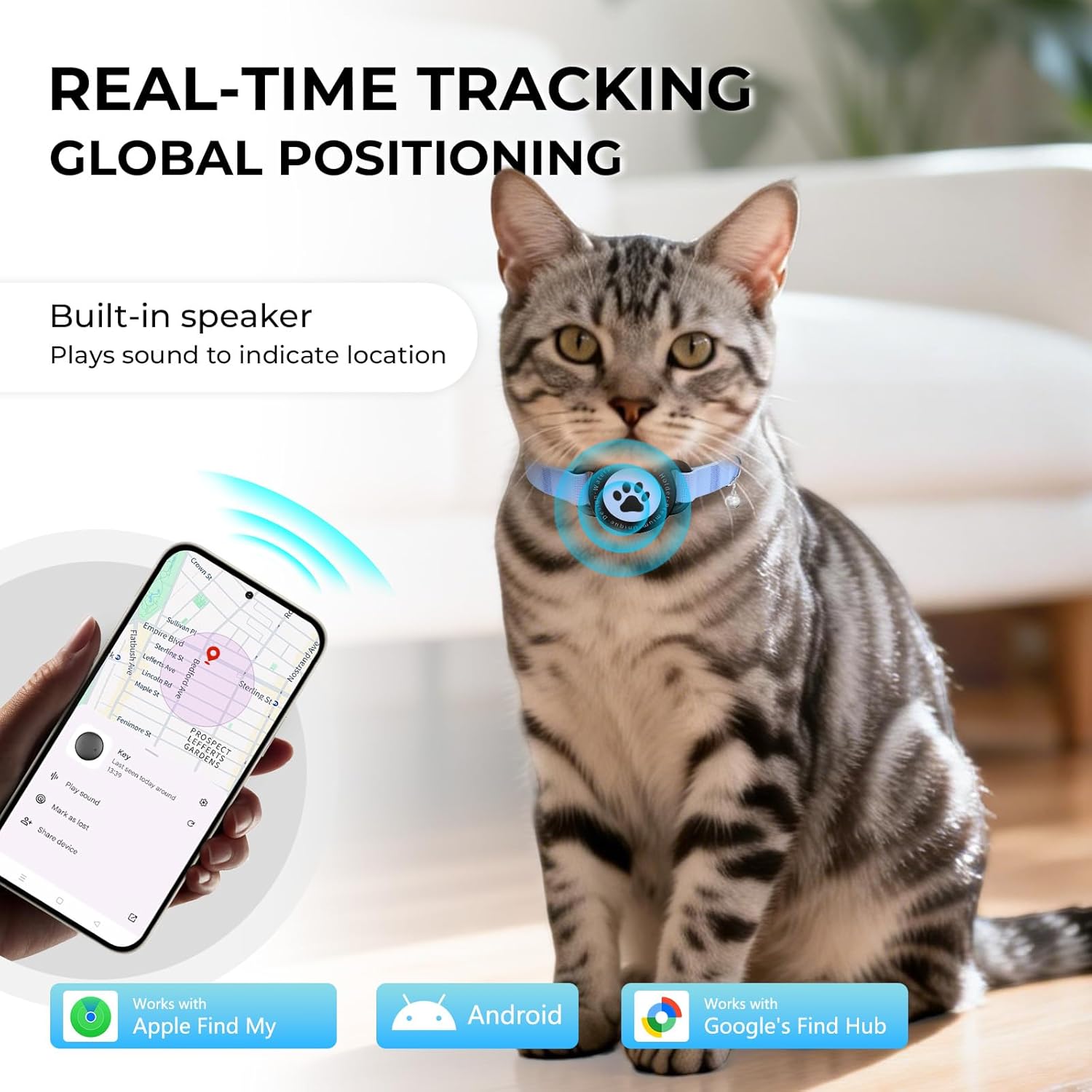 GPS Cat Tracker Collar(iOS & Android), Bluetooth Mini GPS Dog Tracker, Smart Pet