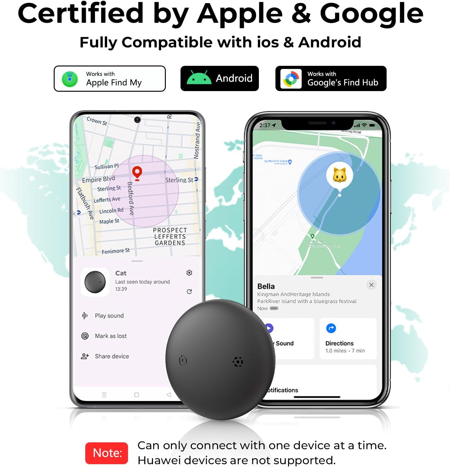 GPS Cat Tracker Collar(iOS & Android), Bluetooth Mini GPS Dog Tracker, Smart Pet